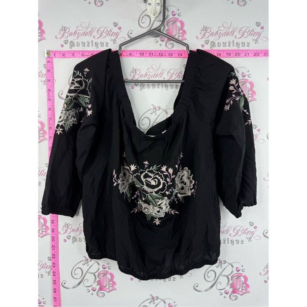 twik shirt blouse flowers Black Peasant Blouse with Floral Embroidery